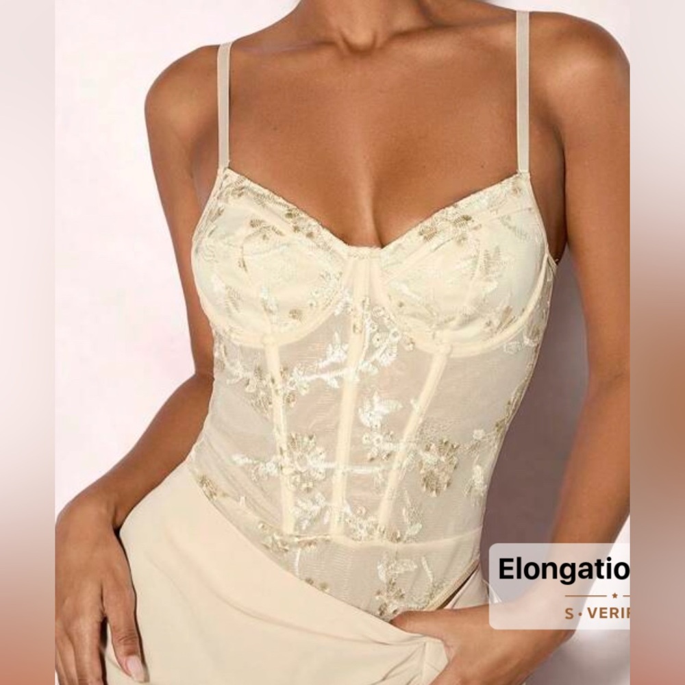 Sheer Floral Embroidered Bodysuit in Ivory